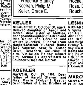 Nicolette Keller's obituary printed in the Detroit Free Press November 1st, 1991